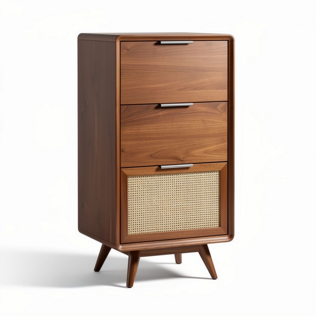 Mueble de almacenamiento con tres cajones en madera de nogal y ratan 45 x 30 x 80cm