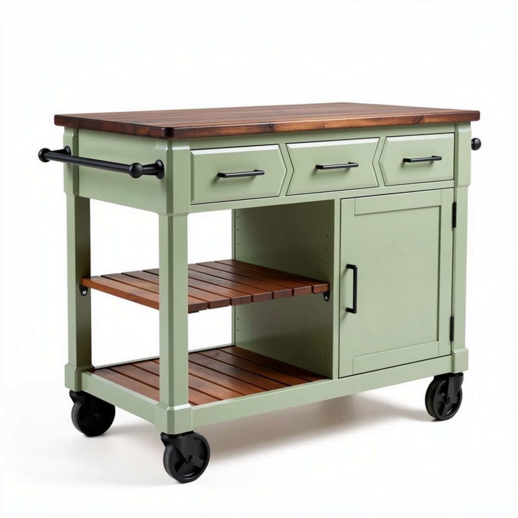 Carro de cocina con ruedas y almacenamiento en color verde y madera 80 x 45 x 85cm