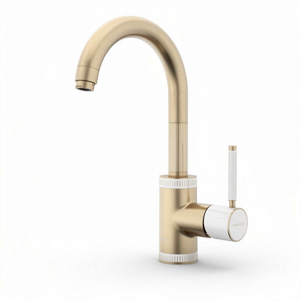 Grifo de cocina de latón con diseño blanco y dorado altura 30 cm