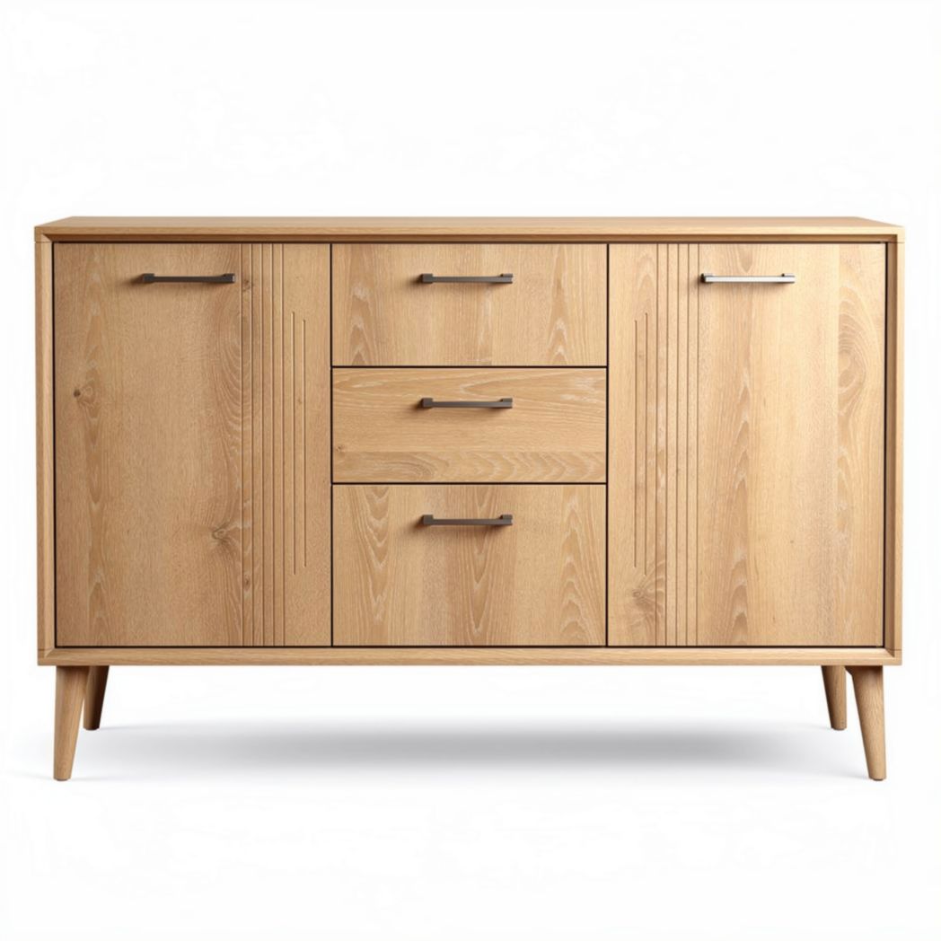Aparador de madera de fresno con cuatro puertas y tres cajones 150 x 40 x 85cm