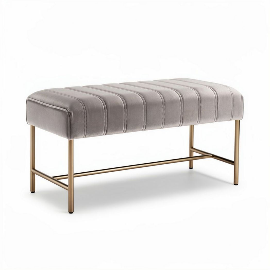 Otoman de tela gris con estructura de metal dorado 90 x 40 x 45cm